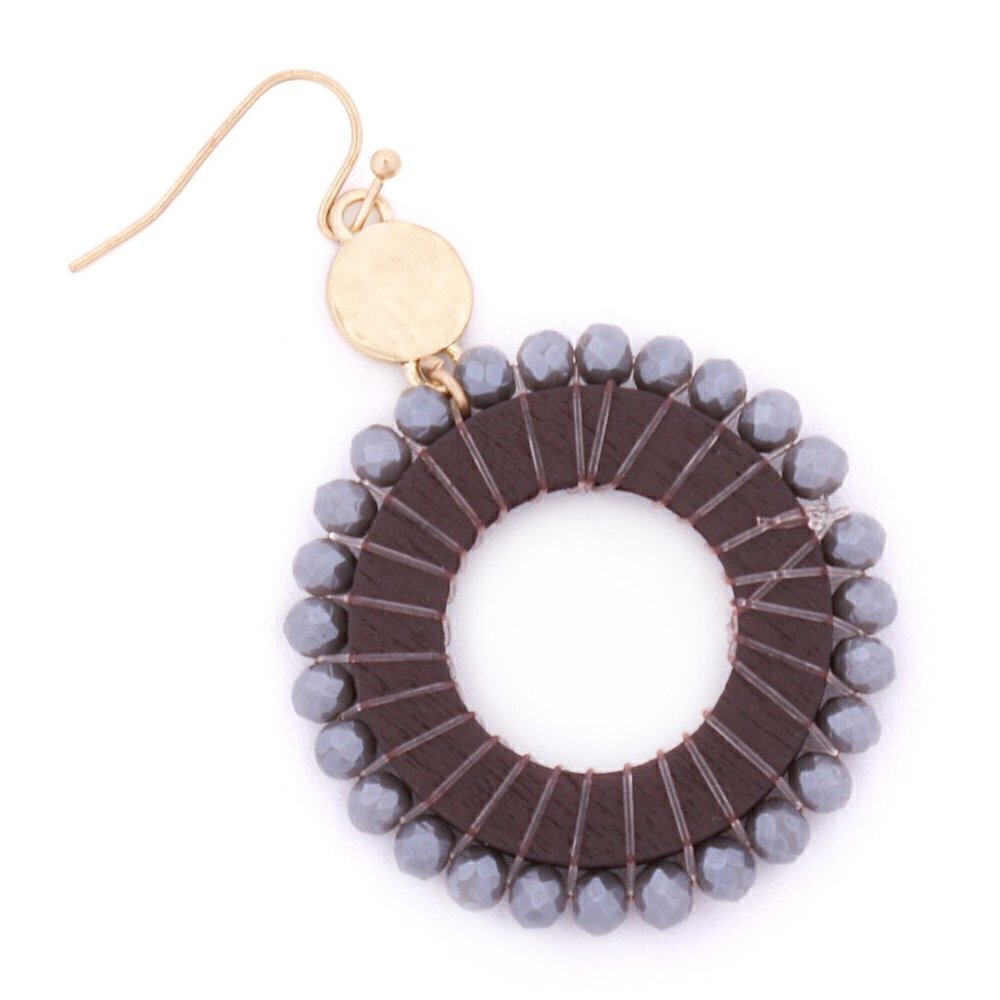 Wood Hoop Earrings with Glass Beads Boho Dangle - Picture 3 of 4